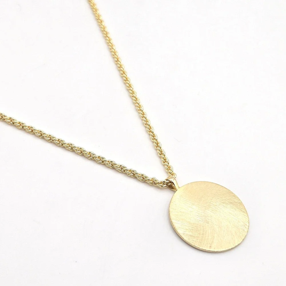 Gold Tone Pendant Necklace‎ Rope Chain Brushed Textured Disc Adjustable 24